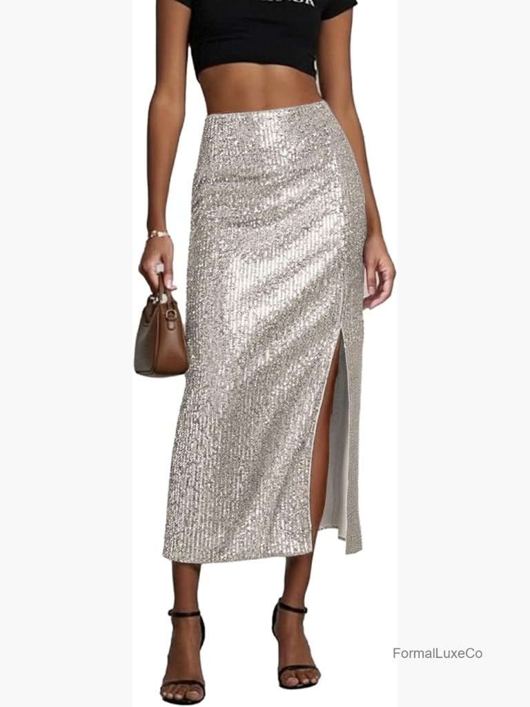 Sequin Midi Skirt, Sparkly High Waisted Bodycon Pencil Skirt With Slit